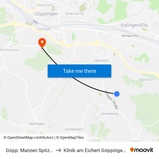 Göpp. Manzen Spitzenbergstr. to Klinik am Eichert Göppingen Frauenklinik map