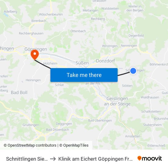 Schnittlingen Siedlung to Klinik am Eichert Göppingen Frauenklinik map