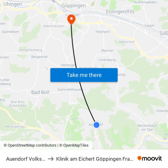 Auendorf Volksbank to Klinik am Eichert Göppingen Frauenklinik map