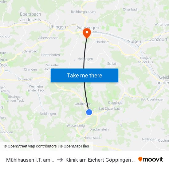 Mühlhausen I.T. am Warmen to Klinik am Eichert Göppingen Frauenklinik map