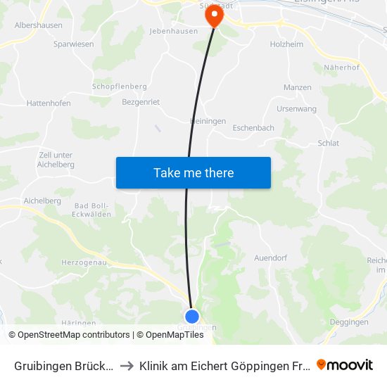 Gruibingen Brückenweg to Klinik am Eichert Göppingen Frauenklinik map