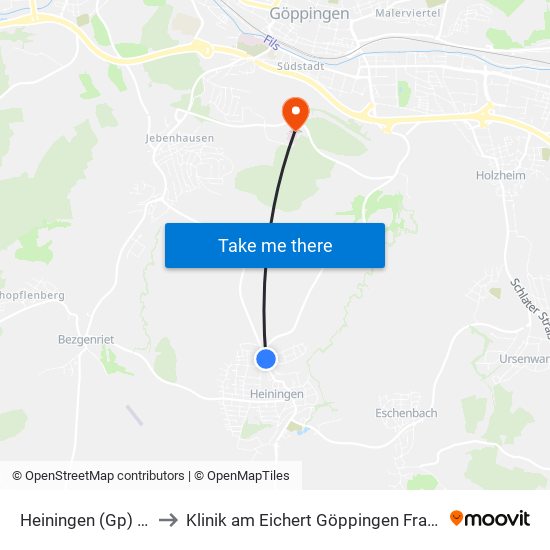 Heiningen (Gp) Adler to Klinik am Eichert Göppingen Frauenklinik map