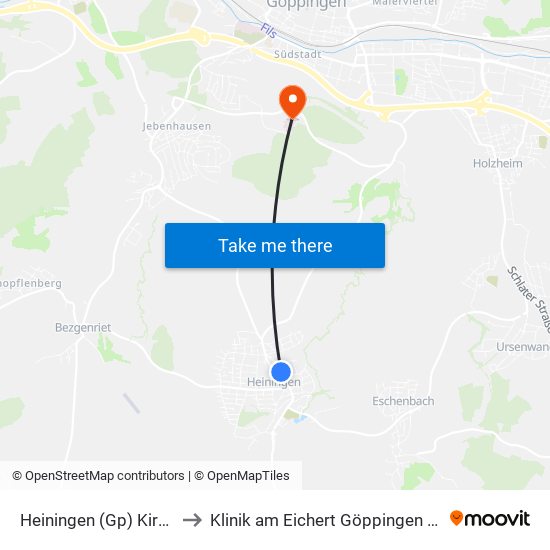 Heiningen (Gp) Kirchstraße to Klinik am Eichert Göppingen Frauenklinik map