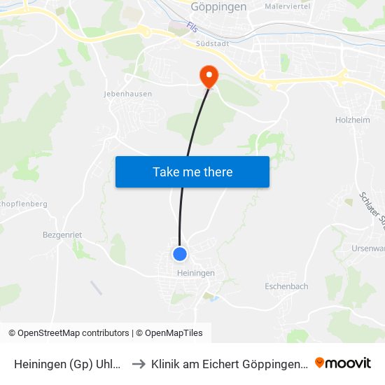 Heiningen (Gp) Uhlandstraße to Klinik am Eichert Göppingen Frauenklinik map