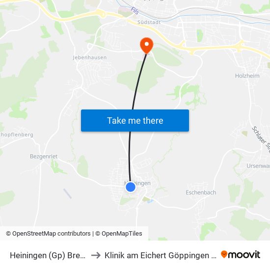 Heiningen (Gp) Breitestraße to Klinik am Eichert Göppingen Frauenklinik map