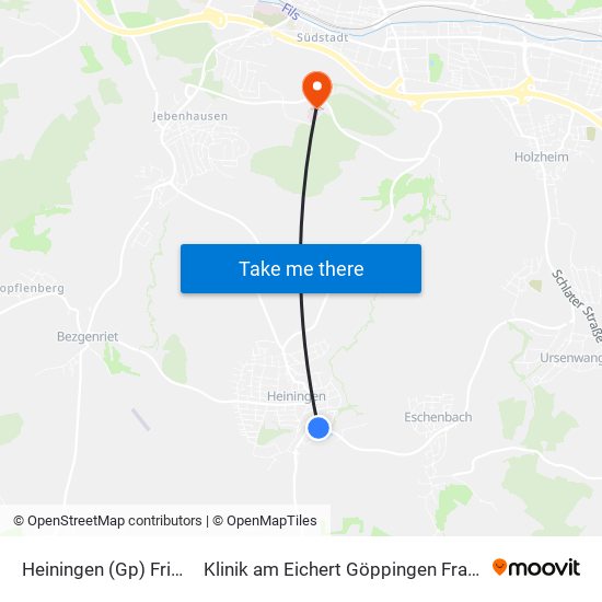 Heiningen (Gp) Friedhof to Klinik am Eichert Göppingen Frauenklinik map