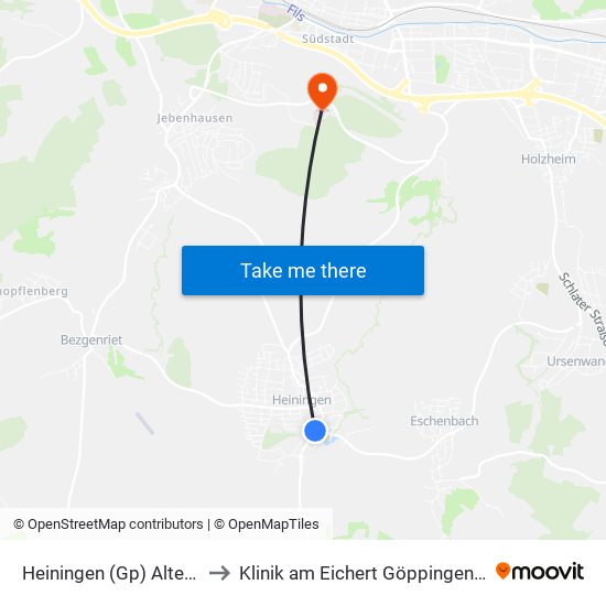 Heiningen (Gp) Alter Bahnhof to Klinik am Eichert Göppingen Frauenklinik map