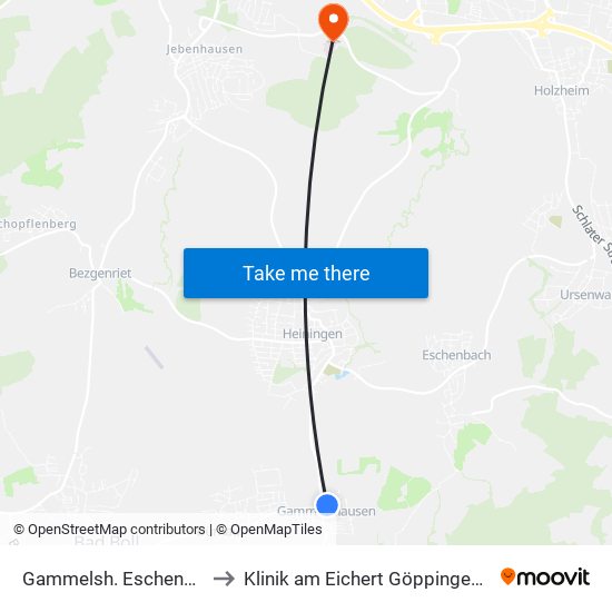 Gammelsh. Eschenbacher Str. to Klinik am Eichert Göppingen Frauenklinik map