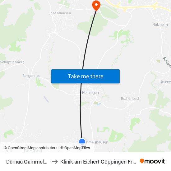 Dürnau Gammelsh. Str. to Klinik am Eichert Göppingen Frauenklinik map