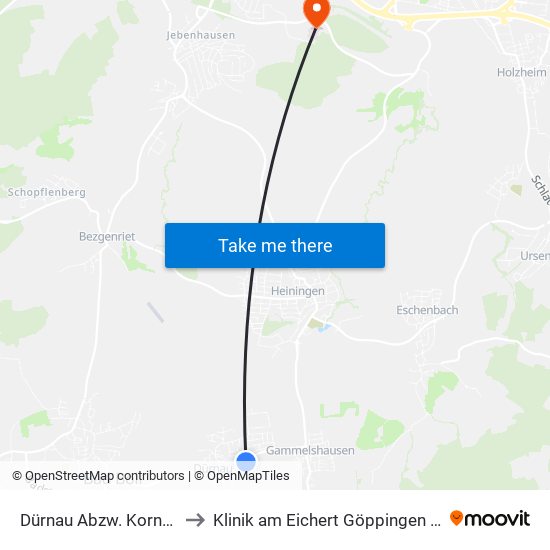 Dürnau Abzw. Kornberghalle to Klinik am Eichert Göppingen Frauenklinik map