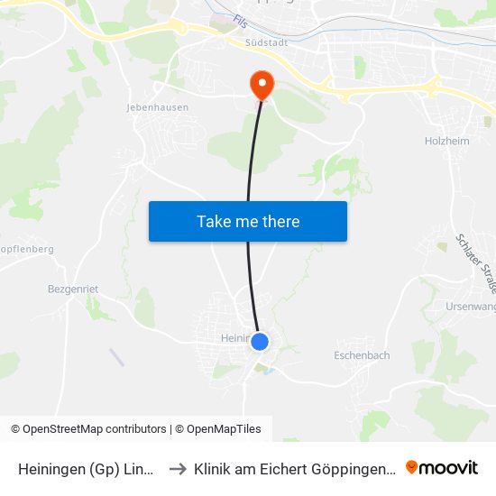 Heiningen (Gp) Lindenstraße to Klinik am Eichert Göppingen Frauenklinik map