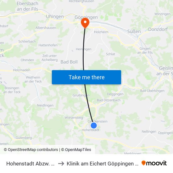 Hohenstadt Abzw. Waltertal to Klinik am Eichert Göppingen Frauenklinik map