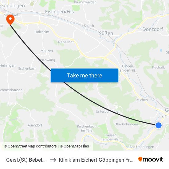 Geisl.(St) Bebelstraße to Klinik am Eichert Göppingen Frauenklinik map