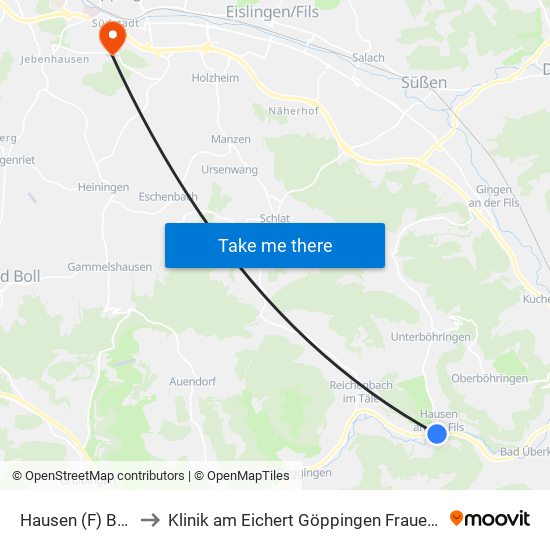 Hausen (F) B466 to Klinik am Eichert Göppingen Frauenklinik map