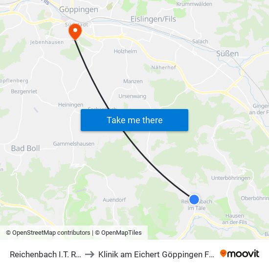 Reichenbach I.T. Rathaus to Klinik am Eichert Göppingen Frauenklinik map