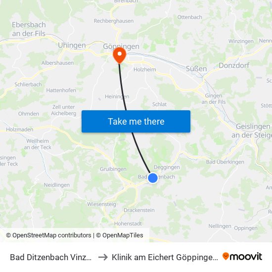 Bad Ditzenbach Vinzenz Therme to Klinik am Eichert Göppingen Frauenklinik map