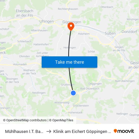 Mühlhausen I.T. Bahnhofstr. to Klinik am Eichert Göppingen Frauenklinik map