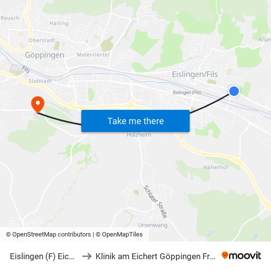 Eislingen (F) Eichenhof to Klinik am Eichert Göppingen Frauenklinik map