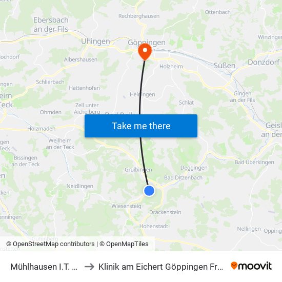 Mühlhausen I.T. Kirche to Klinik am Eichert Göppingen Frauenklinik map