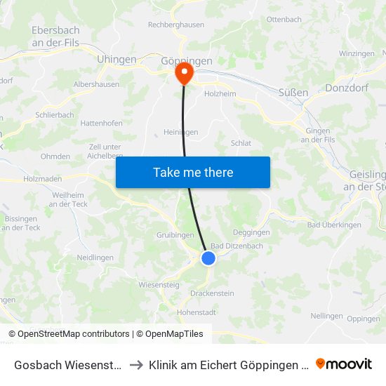 Gosbach Wiesensteiger Str. to Klinik am Eichert Göppingen Frauenklinik map