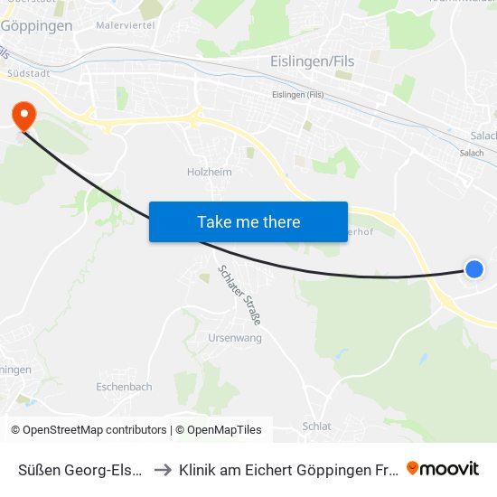 Süßen Georg-Elser-Weg to Klinik am Eichert Göppingen Frauenklinik map