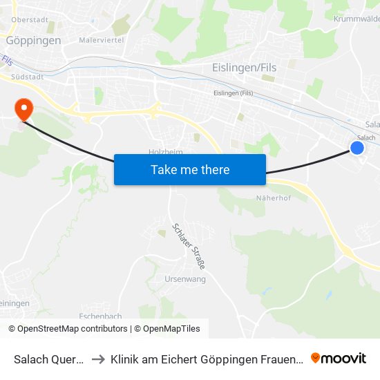 Salach Querstr. to Klinik am Eichert Göppingen Frauenklinik map