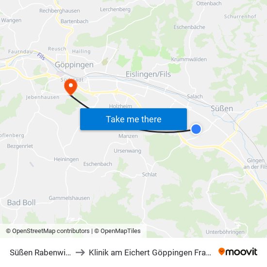 Süßen Rabenwiesen to Klinik am Eichert Göppingen Frauenklinik map