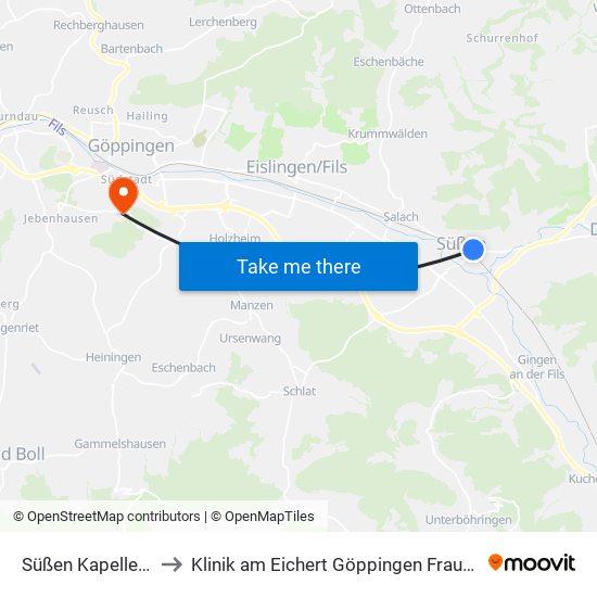 Süßen Kapellenstr. to Klinik am Eichert Göppingen Frauenklinik map