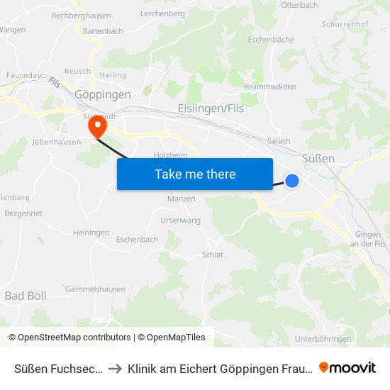 Süßen Fuchseckstr. to Klinik am Eichert Göppingen Frauenklinik map