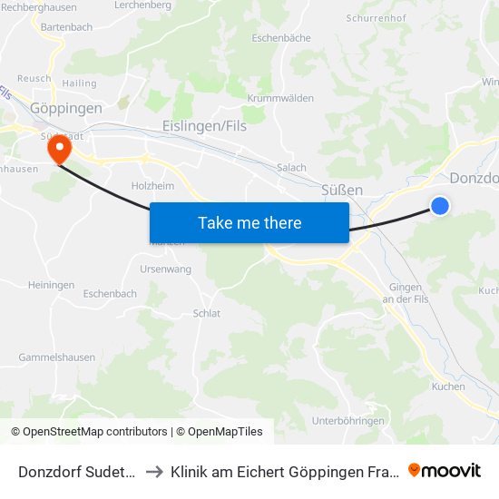 Donzdorf Sudetenstr. to Klinik am Eichert Göppingen Frauenklinik map