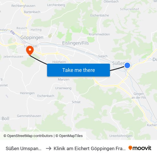 Süßen Umspannwerk to Klinik am Eichert Göppingen Frauenklinik map