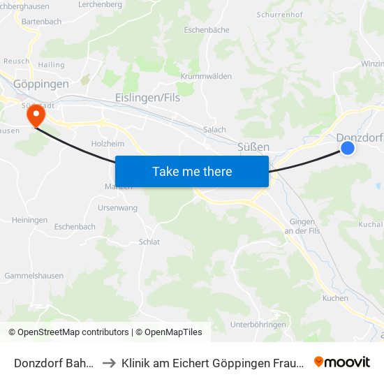 Donzdorf Bahnhof to Klinik am Eichert Göppingen Frauenklinik map