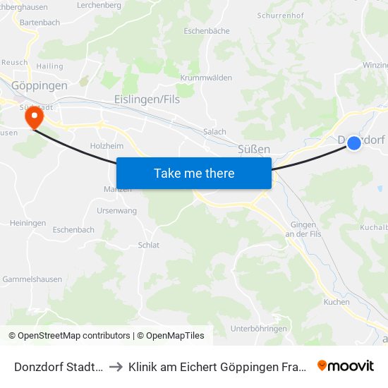 Donzdorf Stadthalle to Klinik am Eichert Göppingen Frauenklinik map