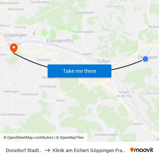 Donzdorf Stadthalle to Klinik am Eichert Göppingen Frauenklinik map