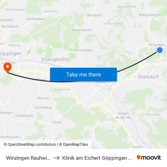 Winzingen Rauhwiesenstr. to Klinik am Eichert Göppingen Frauenklinik map