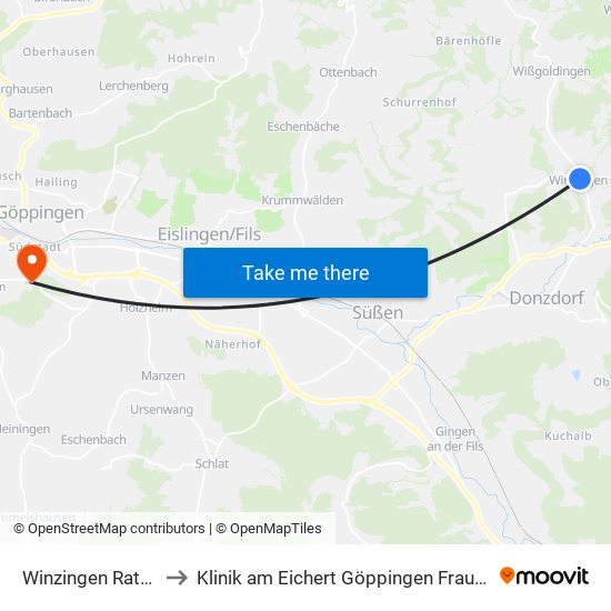 Winzingen Rathaus to Klinik am Eichert Göppingen Frauenklinik map