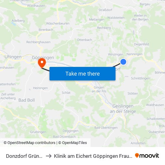 Donzdorf Grünbach to Klinik am Eichert Göppingen Frauenklinik map