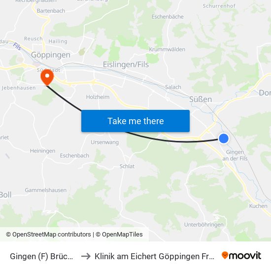 Gingen (F) Brückenstr. to Klinik am Eichert Göppingen Frauenklinik map