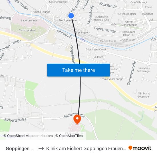 Göppingen Zob to Klinik am Eichert Göppingen Frauenklinik map