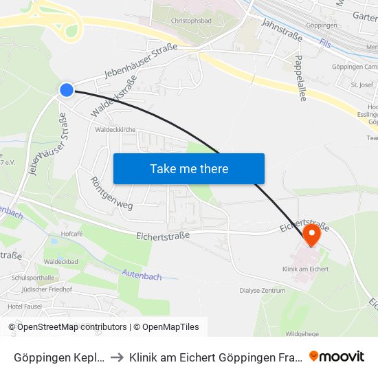 Göppingen Keplerstr. to Klinik am Eichert Göppingen Frauenklinik map
