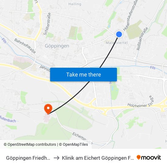 Göppingen Friedhof Nord to Klinik am Eichert Göppingen Frauenklinik map