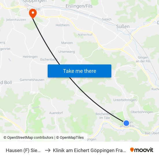 Hausen (F) Siedlung to Klinik am Eichert Göppingen Frauenklinik map