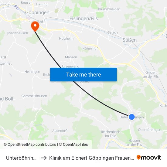 Unterböhringen to Klinik am Eichert Göppingen Frauenklinik map