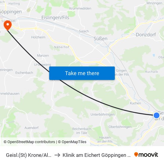 Geisl.(St) Krone/Altenstadt to Klinik am Eichert Göppingen Frauenklinik map