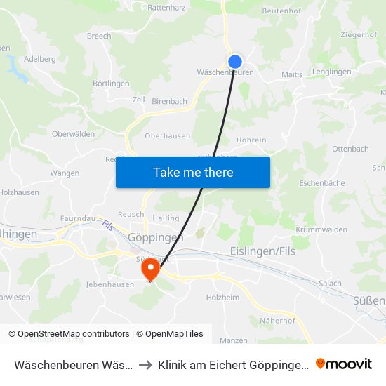 Wäschenbeuren Wäscherhofstr. to Klinik am Eichert Göppingen Frauenklinik map