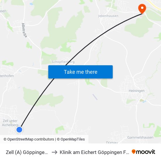 Zell (A) Göppinger Straße to Klinik am Eichert Göppingen Frauenklinik map