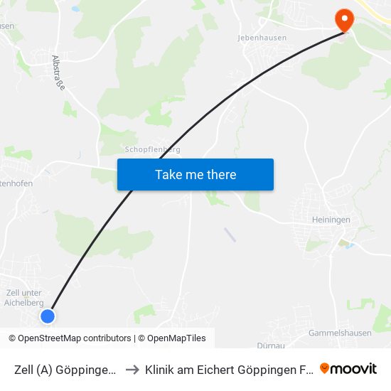 Zell (A) Göppinger Straße to Klinik am Eichert Göppingen Frauenklinik map