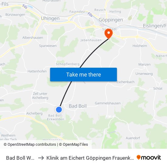 Bad Boll Wala to Klinik am Eichert Göppingen Frauenklinik map