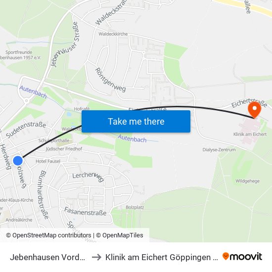 Jebenhausen Vorderer Berg to Klinik am Eichert Göppingen Frauenklinik map