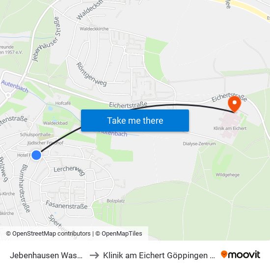Jebenhausen Wasenstraße to Klinik am Eichert Göppingen Frauenklinik map